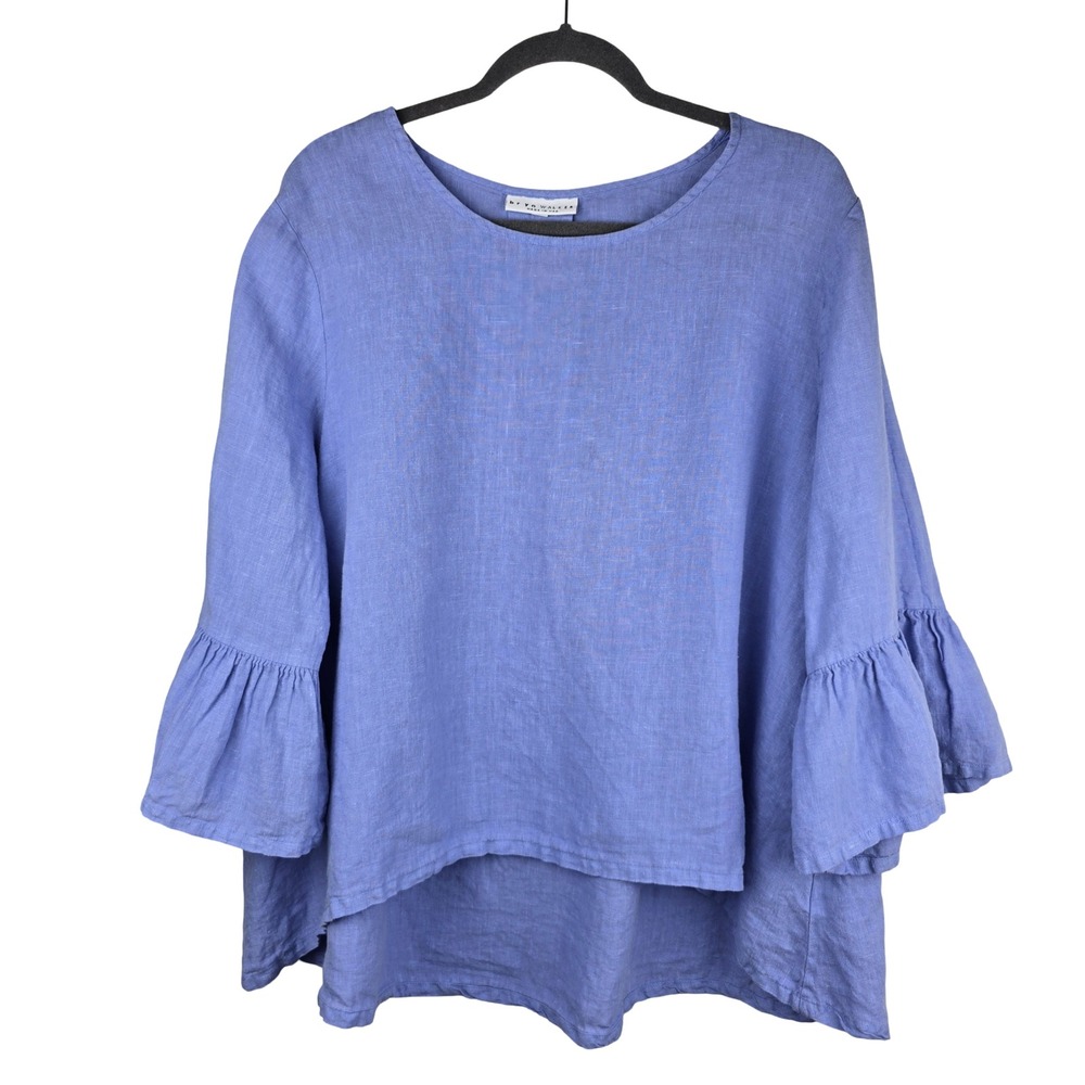 Bryn Walker Ruffle 3/4 Sleeve Blouse Women XL 100% Linen Blue Lagenlook Coastal